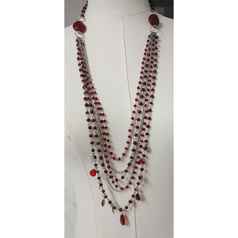 Red Stone & Silver Multi-Layered Long Necklace - NWOT